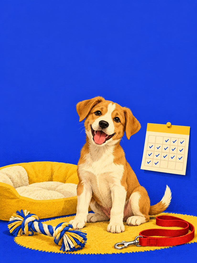 Tapa de la guía Plan 10-3-1: un cachorro sentado junto a una correa y un calendario